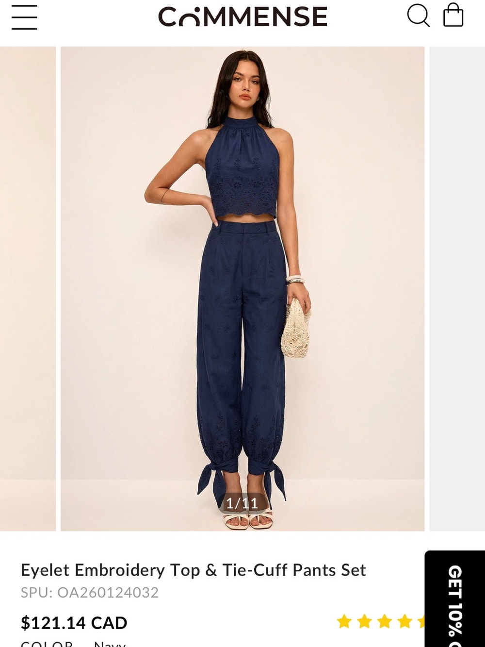 Commense Navy Eyelet Tie-Cuff Wide-Leg Pants NWT